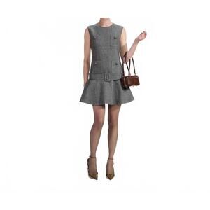 NEW SELF-PORTRAIT herringbone flared mini dress in grey